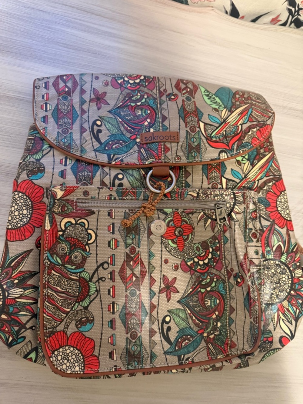 Sakroots Owl Canvas Backpack with Red, Teal & Green Floral Print